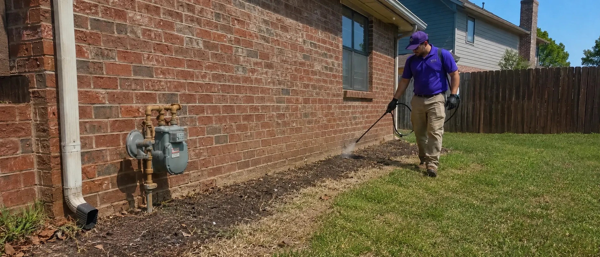 Buzz Cutters Pest technician in a purple uniform spraying a perimeter pest treatment along the foundation of a brick north Texas home