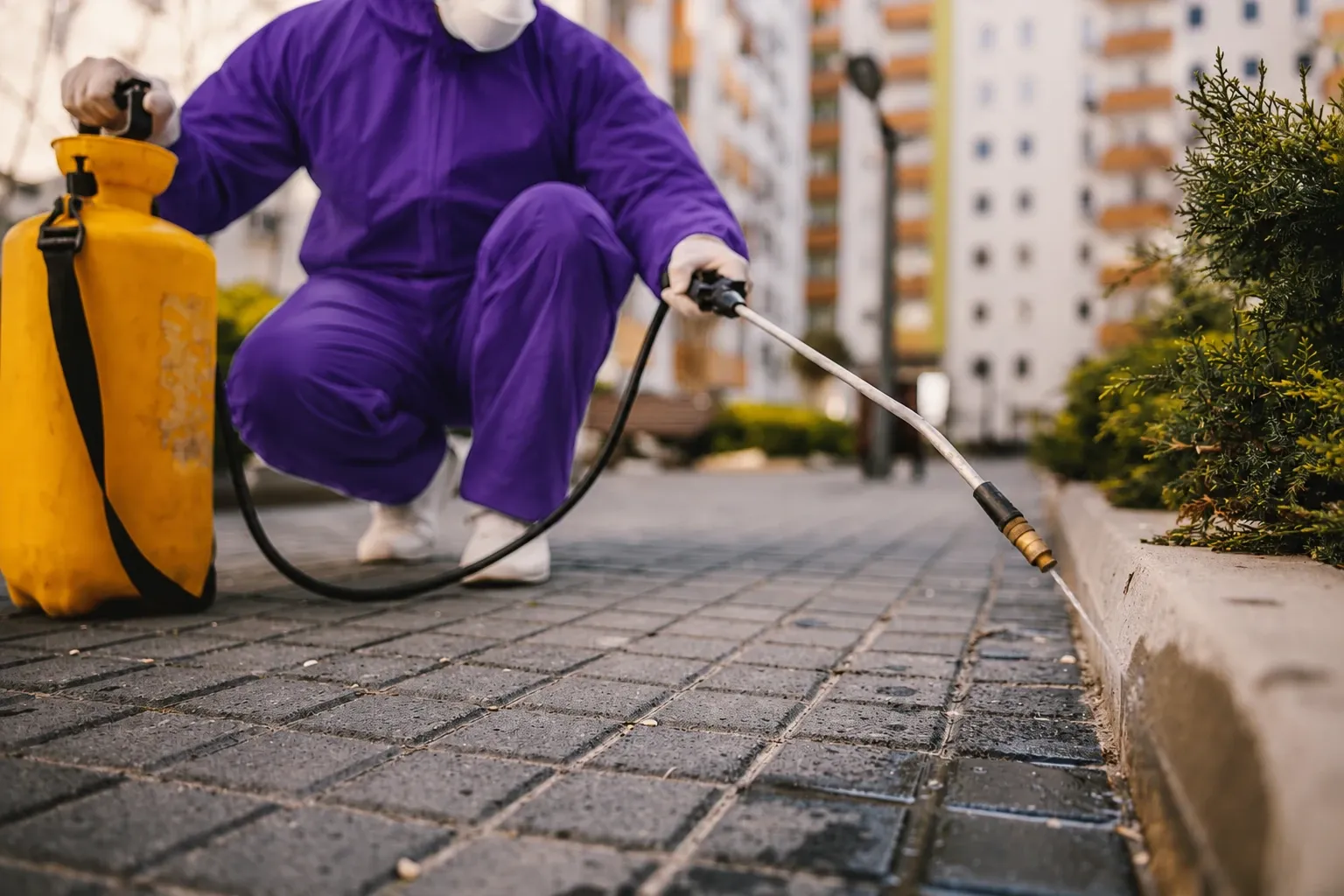Buzz Cutters Pest technician in a purple uniform treating the foundation and landscape beds of a brick north Texas home with a handheld sprayer